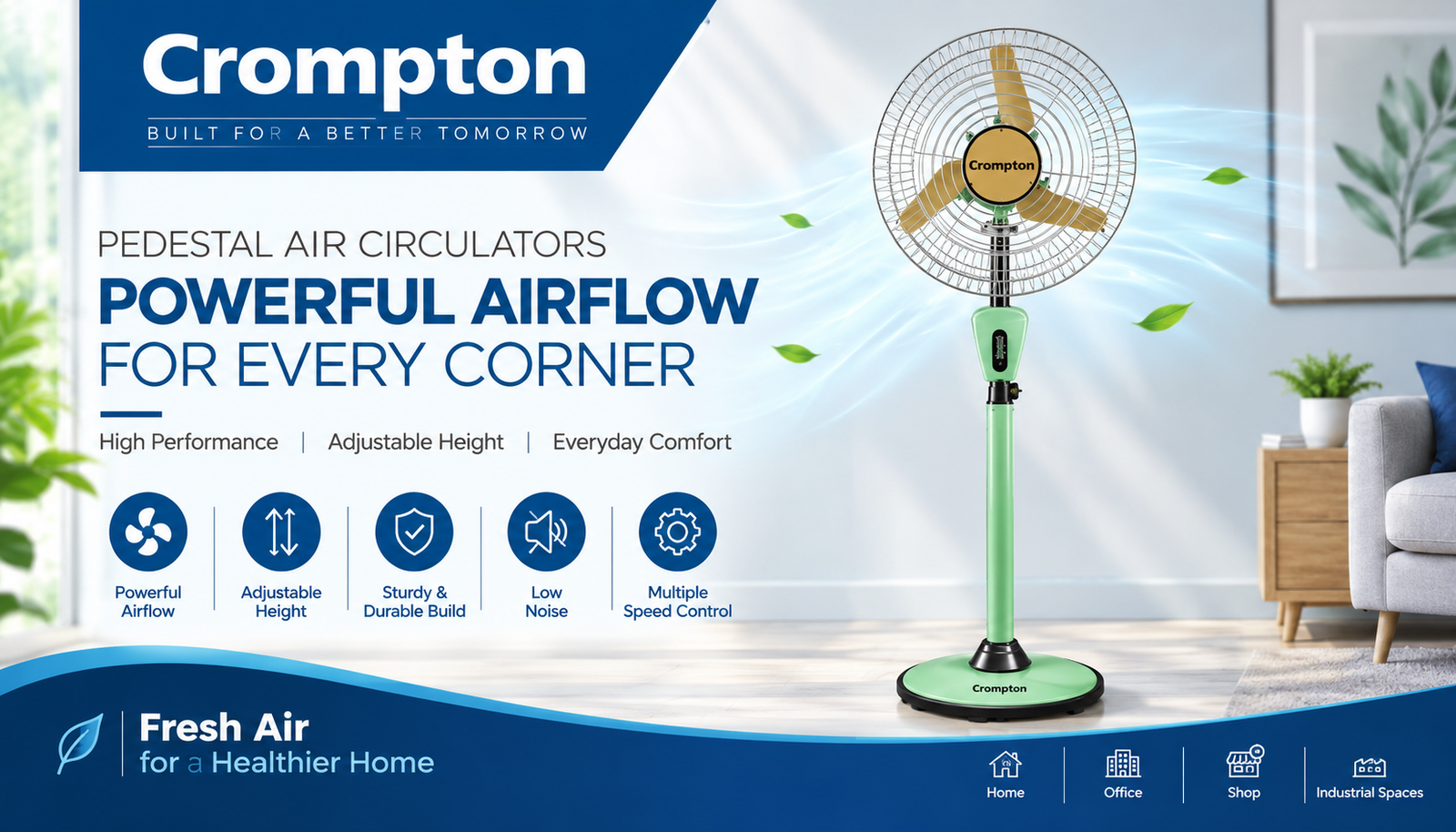 Crompton industrial pedestal fan 450mm 600mm heavy duty air circulator - Vapi GIDC dealer
